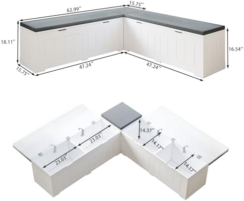 L-Shaped Corner Storage Bench Compartments & Cushioned Seat, Kitchen Brea...