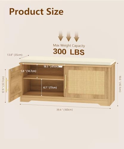 Rattan Shoe Storage Bench, 39.4" Wide Entryway Bench, Natural Oak