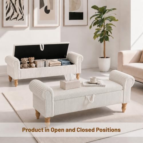 55" Entryway Bench with Storage for Queen Bed, White corduroy Ottoman