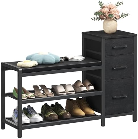 YATINEY Entryway Bench with Shoe Storage, 3-Tier Shoe Rack Bench with Wooden Shelves and 3 Non-Woven Drawers, PU Padded Shoe Storage Bench for Entryway, Bedroom, Black HX07BB