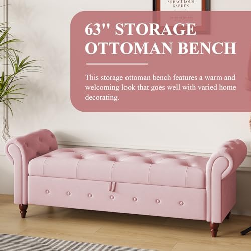 63'' Storage Ottoman Bench, Upholstered Bed Bench, Pink