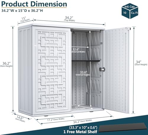 HOMSPARK Indoor/Outdoor Storage Cabinet with Doors and Shelf, 34”x15”x36” HDP...