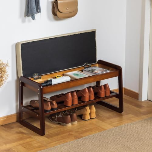 SOBIBO Solid Wood Shoe Rack Bench with Flip-Top Storage, Gray, 31.5"