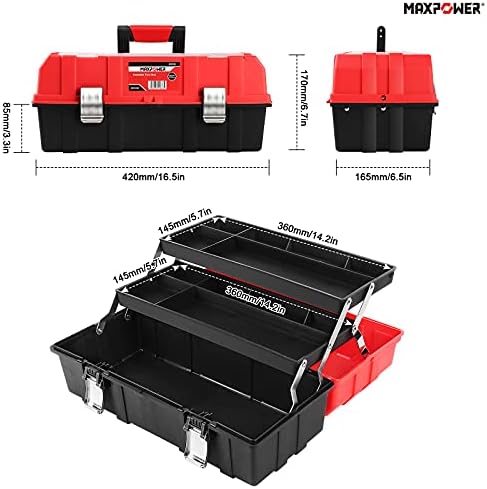 MAXPOWER 16-Inch Tool Box, Three-Layer Folding Plastic Storage Toolbox, Multi...