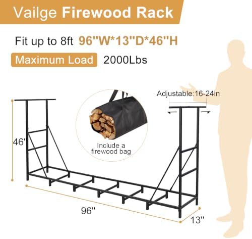 Vailge Firewood Rack Outdoor 8FT with Waterproof Firewood Carrier Bag, Adjust...