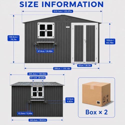 10x8 FT Outdoor Storage Shed with 2 Clear Windows, Metal Garden Shed with Flo...