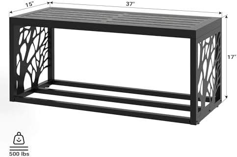37" Outdoor Storage Bench, HDPE Seat, Steel Frame, Tree