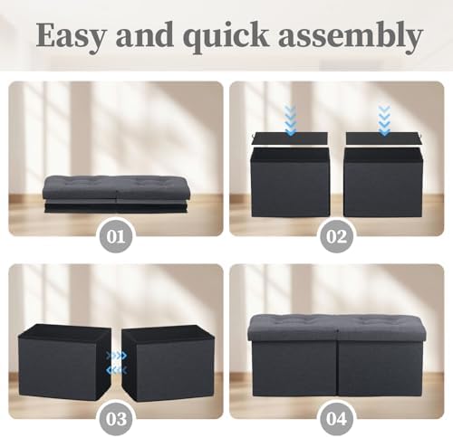 Bsketa Storage Ottoman Bench, 34" Folding Linen Foot Rest Stool, Dark Gray