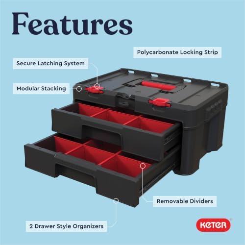 Keter Stack-n-Roll Two Drawer Tool Box for Small Parts and Power Tool Accesso...