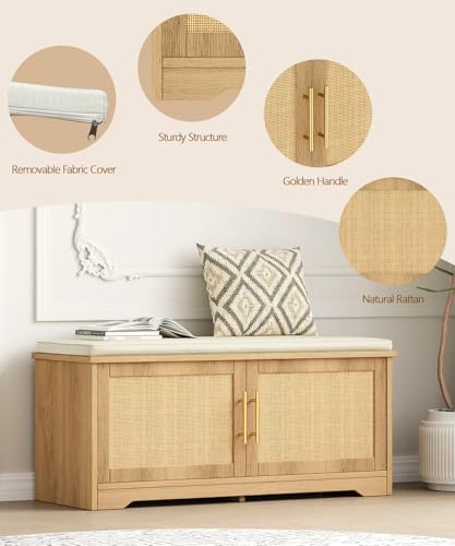 Rattan Shoe Storage Bench, 39.4" Wide Entryway Bench, Natural Oak