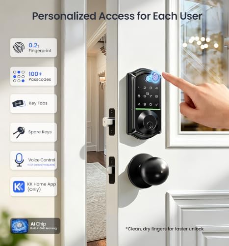 Veise VE017 Fingerprint Smart Door Lock with App Control, Matte Black