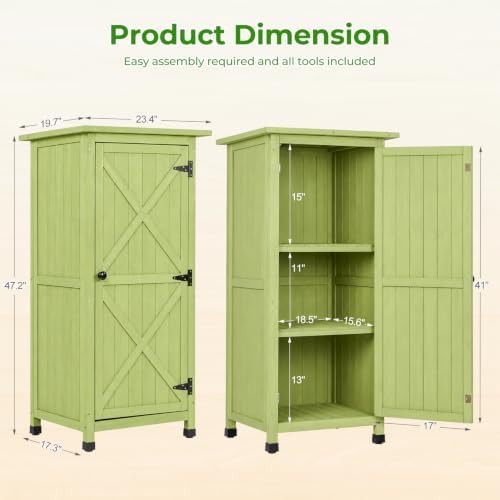 Wooden Outdoor Storage Cabinet, Vertical Garden Tool Shed with Waterproof Met...