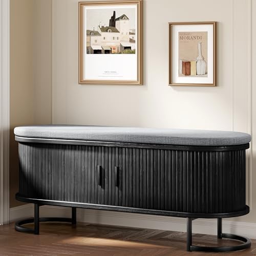 Decofy Shoe Storage Bench with Cushion and Sliding Doors, 47.2 Inch Shoe Bench with Storage, Freestanding Entryway Bench with Storage, Sturdy Metal Feet, for Hallway & Entrance Hall, Black Walnut