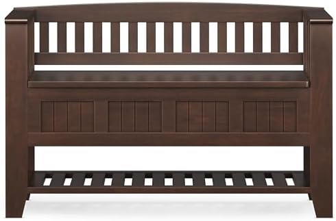 SIMPLIHOME Acadian 48" Wide Solid Wood Storage Bench in Brunette Brown