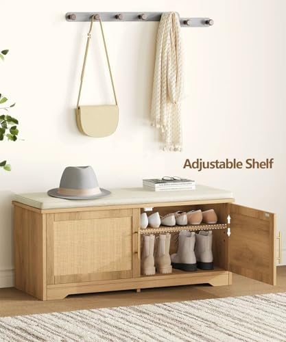 Rattan Shoe Storage Bench, 39.4" Wide Entryway Bench, Natural Oak