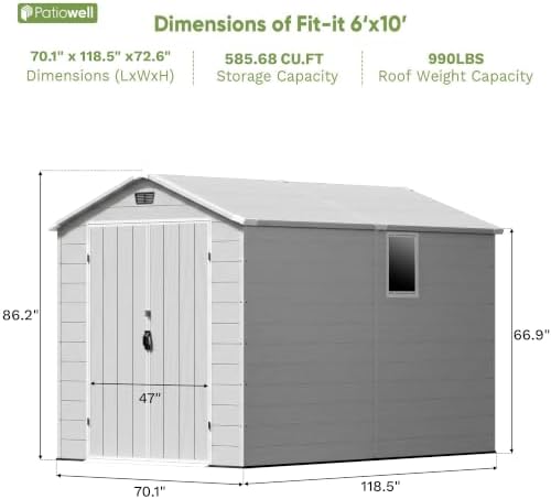 Patiowell 6X10 FT Plastic Outdoor Storage Shed with Floor, Light Grey
