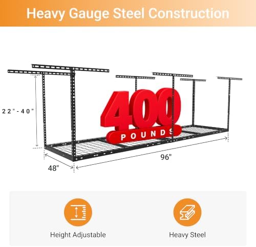 2x8ft Overhead Ceiling Garage Storage Rack, 400LBS Capacity, Black