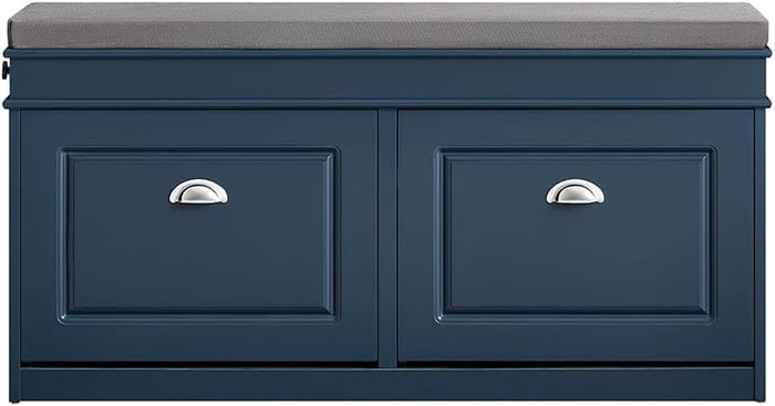 Haotian Shoe Storage Bench Entryway, Shoe Cabinet Bench with 2 Flip Drawers & Cushion, Modern Design Shoe Organizer for Hallway, Navy Blue FSR64-B
