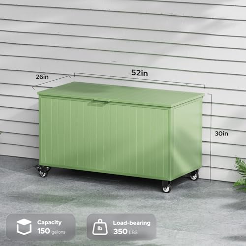 150 Gallon Outdoor Storage Box with Wheels, Metal Deck Boxes,Green