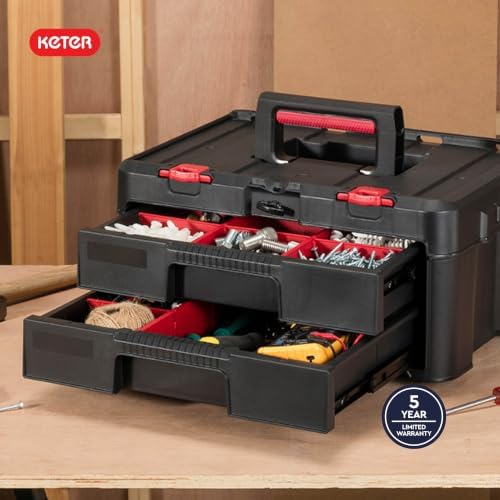 Keter Stack-n-Roll Two Drawer Tool Box for Small Parts and Power Tool Accesso...