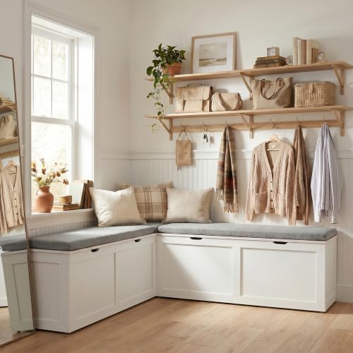 63” Breakfast Nook Bench, L Shaped Storage Bench with Cushion, White