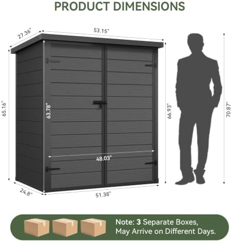 Aoxun 55 Cuft Outdoor Tall Storage Shed, 5×3×7ft Vertical Shed with Floor, Lo...