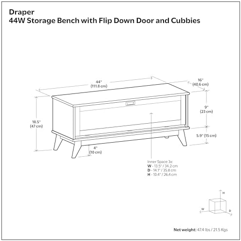 SIMPLIHOME Draper 44" Wide Solid Wood Trunk Bench in Teak Brown