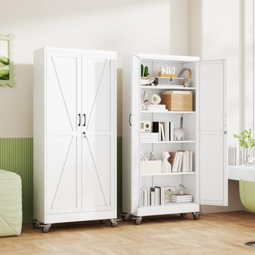 Metal Garage Storage Cabinet, 71"H Lockable Tool Cabinet with Wheels