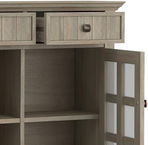 SIMPLIHOME Acadian Storage Bench and Cabinet Set in Distressed Grey