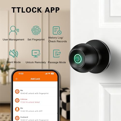 Smart Door Knob, Fingerprint Door Knob, Biometric Smart Door Lock with App Co...