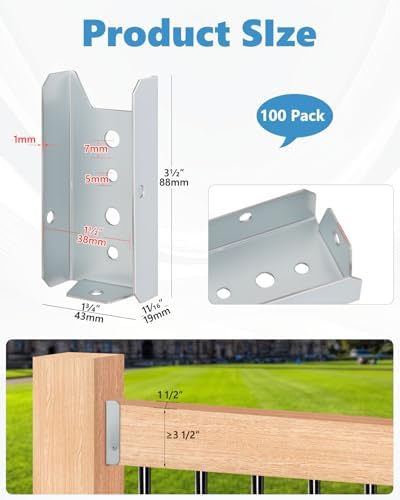 100 Pack 2x4 Fence Brackets for Wood Rail, 18 Gauge