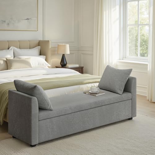 HULALA HOME 59" Storage Bench with 2 Throw Pillows & Armrests, Grey