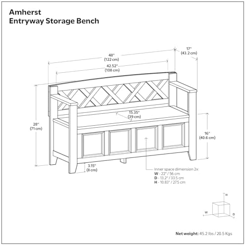SIMPLIHOME Amherst 48" Wide Solid Wood Storage Bench in Farmhouse Brown