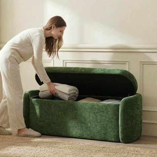 VKNOW Storage Bench, Upholstered Storage Ottoman Bench with Hinge, Green