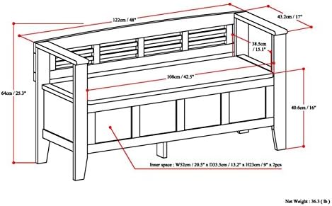 SIMPLIHOME Adams 48" Wide Solid Wood Storage Bench in Natural Brown