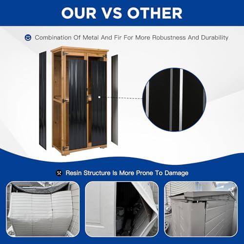 Outdoor Storage Cabinet Wood & Metal with Waterproof Roof, Garden Tool Sh...