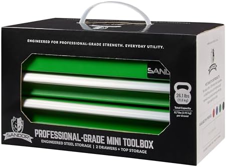 Mini Tool Box - Metal Tool Chest with 2 Drawers & PVC Drawer Liners - Green