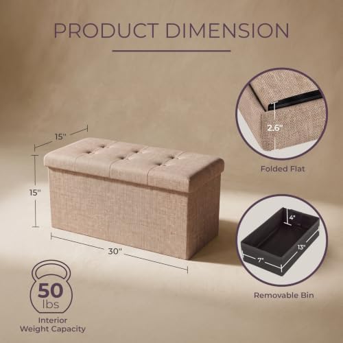 Lavish Home Folding Storage Ottoman Bench, Beige, 30”