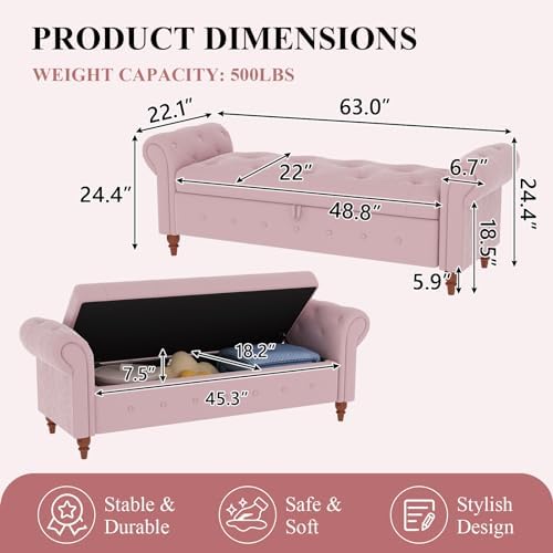 63'' Storage Ottoman Bench, Upholstered Bed Bench, Pink