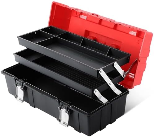 MAXPOWER 16-Inch Tool Box, Three-Layer Folding Plastic Storage Toolbox, Multi...