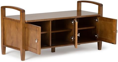 SIMPLIHOME Warm Shaker 44" Wide Solid Wood Storage Bench in Brown