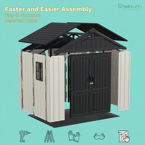 Greesum 8x6FT Plastic Outdoor Storage Shed with Floor, Resin Sheds, Beige