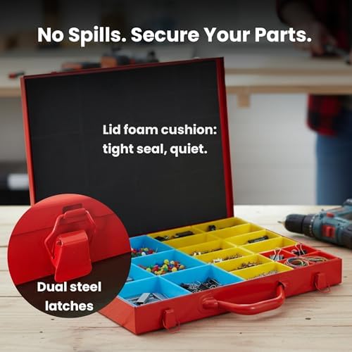 Large Metal Organizer Box with 20 Removable Compartments, Red