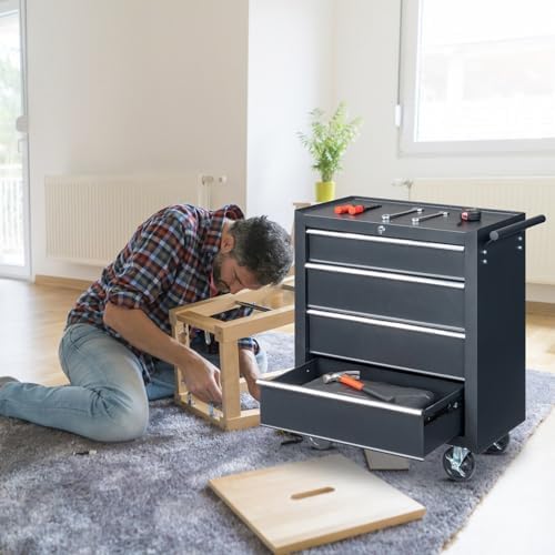 Winado 4 Drawer Rolling Tool Cabinet, Lockable Steel Tool Chest, Black