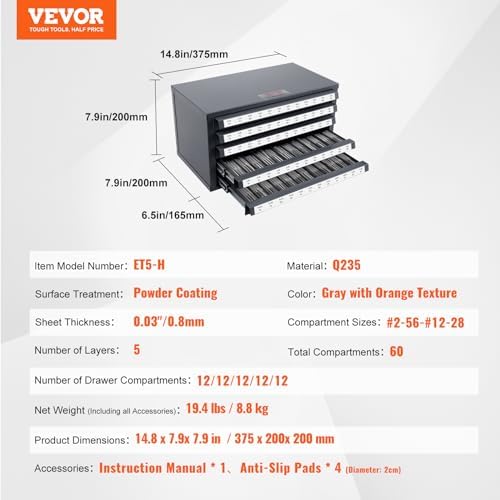 VEVOR Five-Drawer 2-56-#12-28 Steel Dispenser Organizer Labels, 60-Compartmen...