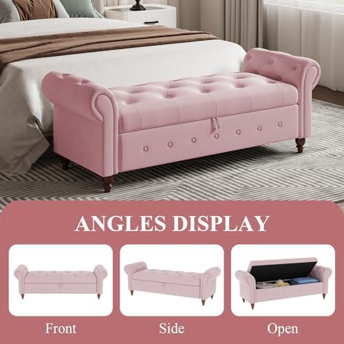 63'' Storage Ottoman Bench, Upholstered Bed Bench, Pink