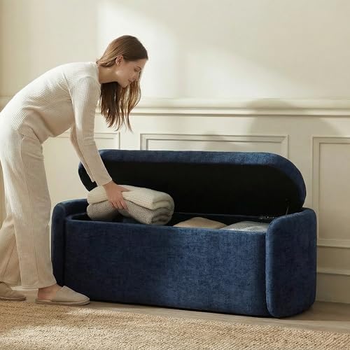 VKNOW Storage Bench, Upholstered Storage Ottoman Bench with Hinge, Navy