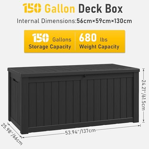 150 Gal Deck Box,Outdoor Storage Box Waterproof Lockable,Gas Lift,Black