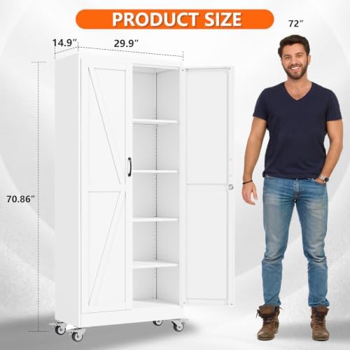 Metal Garage Storage Cabinet, 71"H Lockable Tool Cabinet with Wheels
