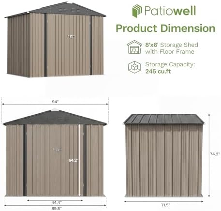 Patiowell 8x6 FT Outdoor Storage Shed with Floor Frame, Metal Garden Sheds